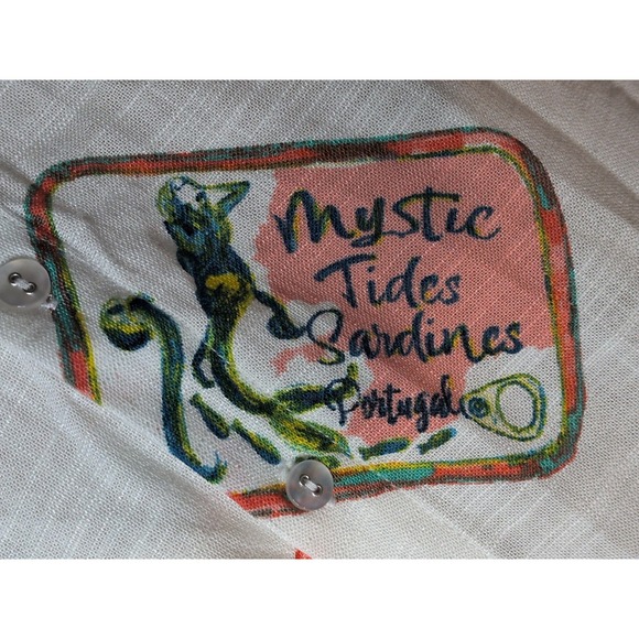 Jane + Delancey Canned Sardine Print Women's Button Up Shirt Blend Linen Size M - Picture 4 of 12